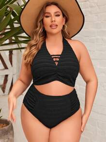 SHEIN Swim Curve Plus Size Solid Color V-Neck Halter Bikini Set Summer - Black - View 3