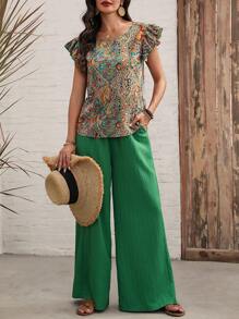 SHEIN LUNE 女款植物图案印花盖袖上衣和裤子套装 - 彩色 - 查看 4