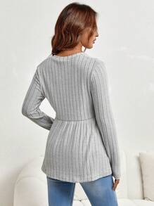 SHEIN Thai sản Đồ đan Ribbed Xoay eo Áo thun - Xám - Xem 2