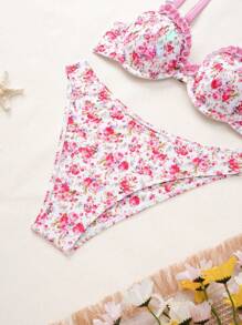 SHEIN Swim Women's Flower Print Frill Trim Bikini Set, Two-Piece Separated Bikini Set Summer Beach - Pink - View 6