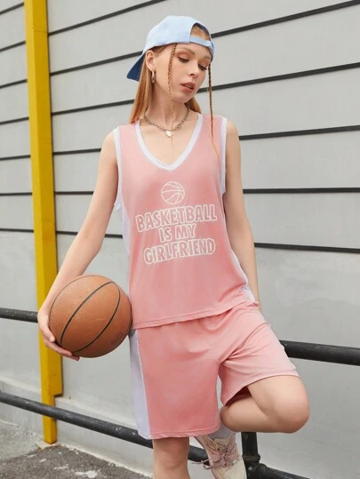 Streetz SHEIN Sport Conjunto Deportivo De Chaleco Y Shorts De Mujer Impreso Con Letras