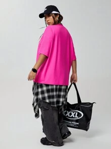 SHEIN EZwear CURVE Kích thước lớn Chữ cái In Thả vai Ngắn tay Áo thun - Màu Hồng Tươi - Xem 9