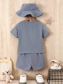 SHEIN Baby Boy Letter Printed Round Neck T-Shirt And Shorts Set - Dark Grey - View 2