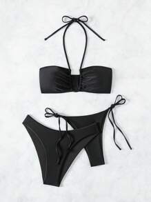 SHEIN Swim 1 套女士纯色三角比基尼套装 - 1 件带细肩带的露背吊带上衣、1 件侧系带三角下装和 1 条纯色三角内裤夏季海滩 - 黑色 - 查看 5