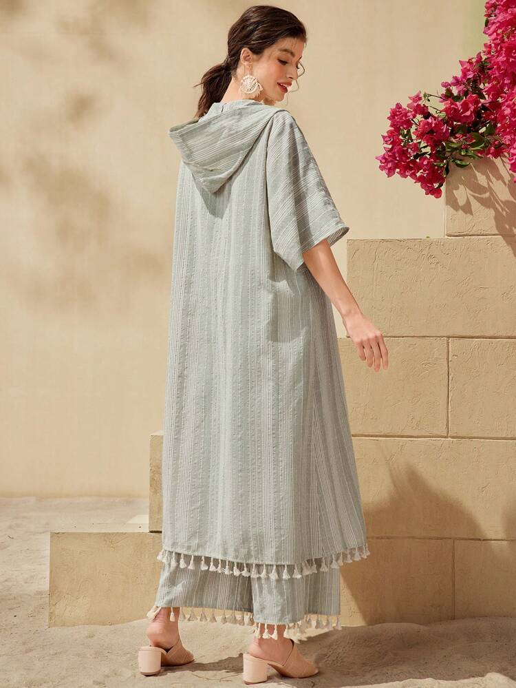 Hooded Fringed Hem Open Front Coat And Straight Pants Two Pieces Set 2 Pieces Set