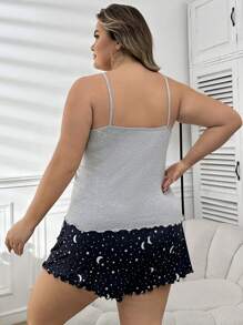 Große Größen Mond bedrucktes Cami Top und Shorts Pyjama Set, Outfit