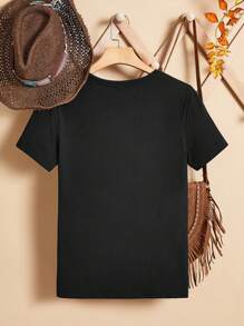 SHEIN Leap Crew Cô gái Tween Giải trí Hình trái tim Ngắn tay Áo thun , Thích hợp Cho mùa hè - màu đen - Xem 2