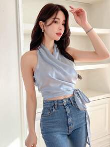 DAZY Áo kiểu không tay màu trơn, kiểu vạt chéo phía trước, áo tank top không tay, áo crop top nữ, áo đi chơi, trang phục đi du lịch cho nữ. - Màu xanh nhạt - Xem 6
