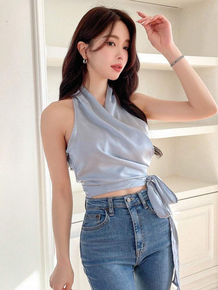 Solid Color Wrap Front Sleeveless Blouse,Sleeveless Tops Tank Tops,Crop Tops Women Going Out Tops Cruise Outfit For Women