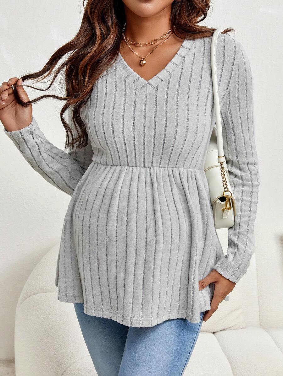 SHEIN Thai sản Đồ đan Ribbed Xoay eo Áo thun - Xám - Xem 1