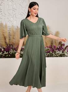 Seusyu Women's Solid Color V-Neck Ruffle Sleeve Dress - Green - View 8