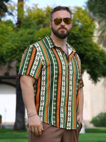 Manfinity RSRT 男士加大碼條紋襯衫,幾何圖案印花設計 - 彩色 - 查看 4