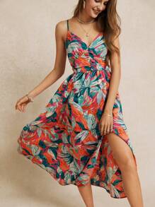 Poéselle 夏季植物印花高开叉细肩带连衣裙碎花连衣裙适合海滩度假和日常穿着乡村音乐会服装