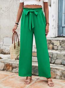 SHEIN Frenchy 夏季女士實色紙袋腰寬腿綠色褲子 - 墨綠色 - 查看 5