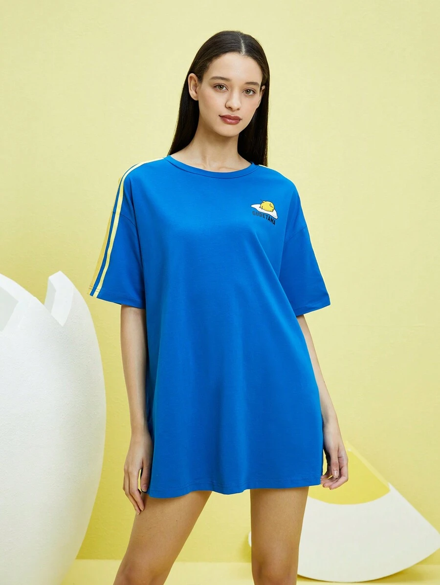 Gudetama X SHEIN 夏季卡通和字母圖形對比條紋側顛TEE連衣裙 - 寶藍色 - 查看 1