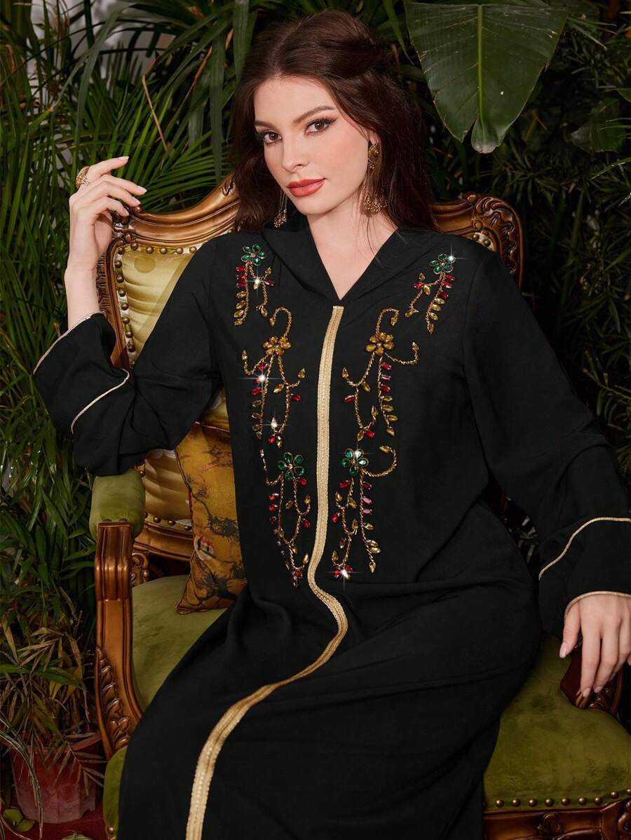 Al Najma Vestido De Estilo Árabe Brillante Con Diamantes De Imitación Para Mujer - Negro - Ver 1