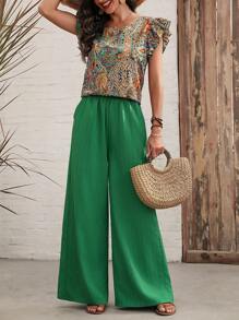 SHEIN LUNE 女款植物图案印花盖袖上衣和裤子套装 - 彩色 - 查看 5