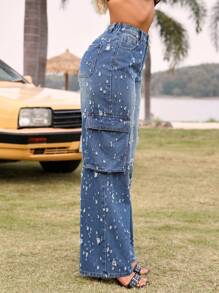 SHEIN SXY Của phụ nữ Rách Trang phục làm việc Túi Denim Quần jean - Rửa tối - Xem 4
