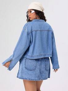 SHEIN ICON Plus Size Cropped Denim Jacket With Zipper Design - Light Wash - View 2