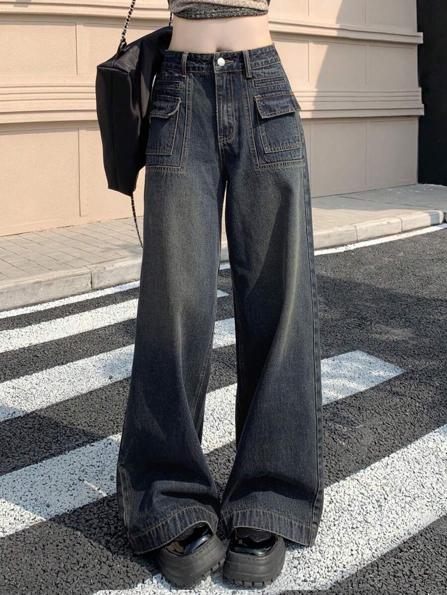 DAZY 女式阔腿牛仔裤，宽松牛仔裤 - 中等水洗藍 - 查看 1