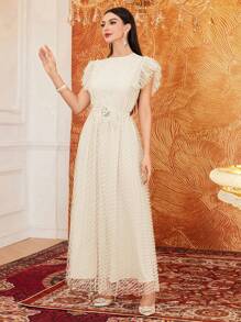 Modelyn Đầm dạ hội dài không tay lưới xếp nếp màu trơn cho nữ - Màu be - Xem 6