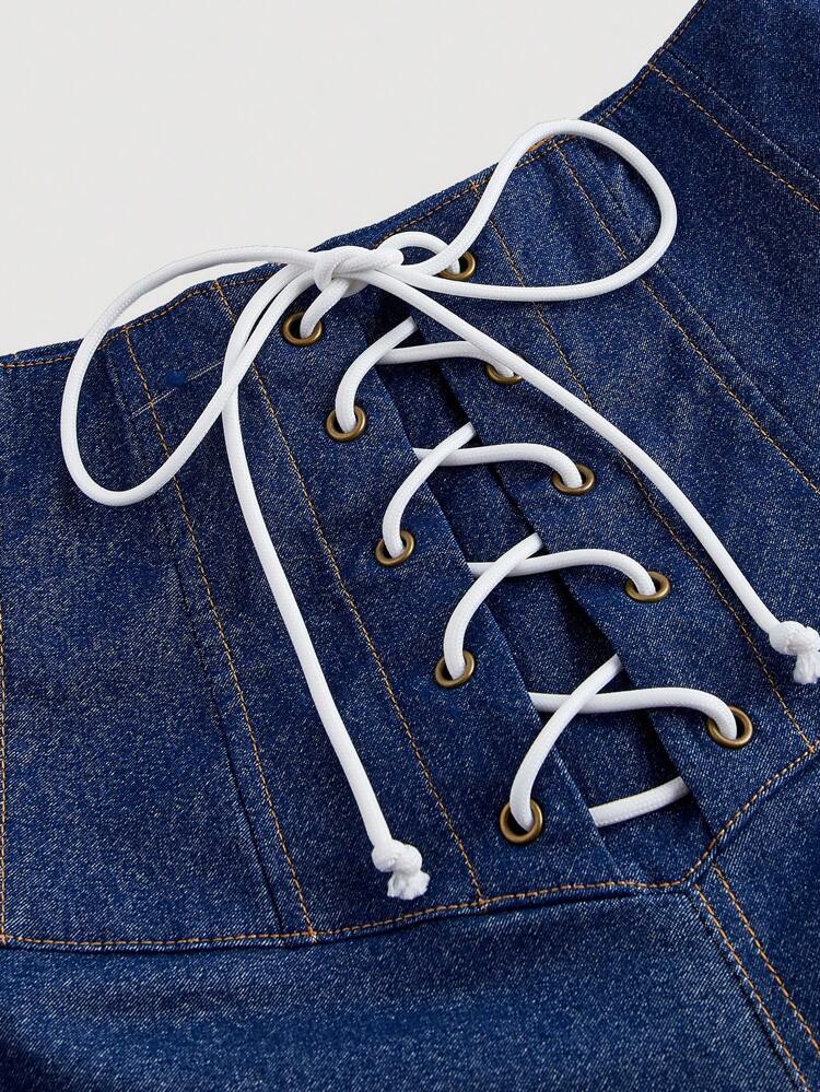 Crossed Strap Flared Jeans, Denim Effect