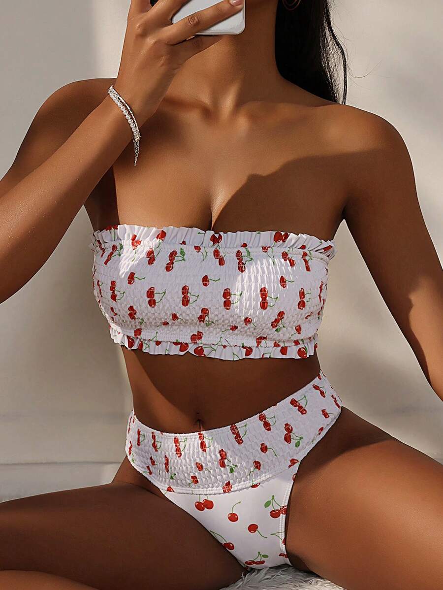 SHEIN Swim Summer Beach Women's Cherry Print Bikini Set - Multicolor - View 1
