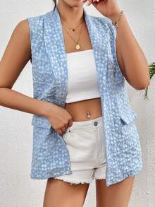 Chiquease 女士提花細肩領無袖休閒西裝外套 - 藍色 - 查看 4