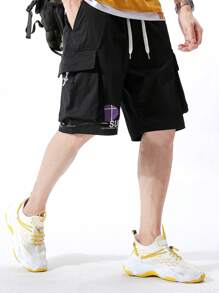 Men'S Slogan Print Cargo Pocket Shorts - Black - View 3