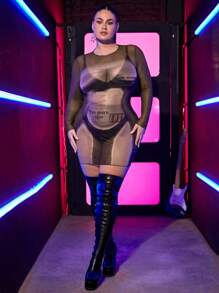 SHEIN SXY Kích thước lớn Của phụ nữ Cơ thể Slogan In Lưới trong suốt Đầm - Nhiều màu - Xem 1