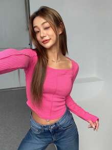 DAZY 女式不对称下摆方领长袖T恤，秋季服装 - 粉色 - 查看 3