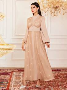 Modelyn Vestido de mujer con cuello alto de malla, manga farol y falda larga elegante para fiestas y eventos - Caqui - Ver 6