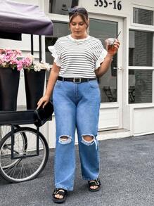 SHEIN Essnce Plus Size Women's New Vacation Casual Commuting Work Striped Splicing Ruffled Short-Sleeved T-Shirt For Summer - Black and White - View 6