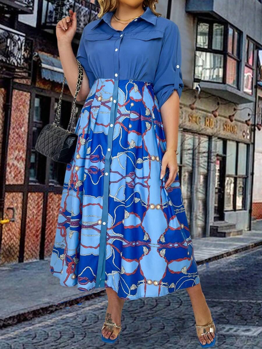 SHEIN Unity Hơn In Dây chuyền Tay áo cuộn Chi tiết về Flap Váy sơ mi - Màu xanh lam - Xem 1