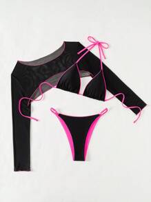 SHEIN Swim Bộ bikini cổ yếm cho nữ có thiết kế viền quấn, gồm áo, quần và vòng cổ mùa hè - màu đen - Xem 7