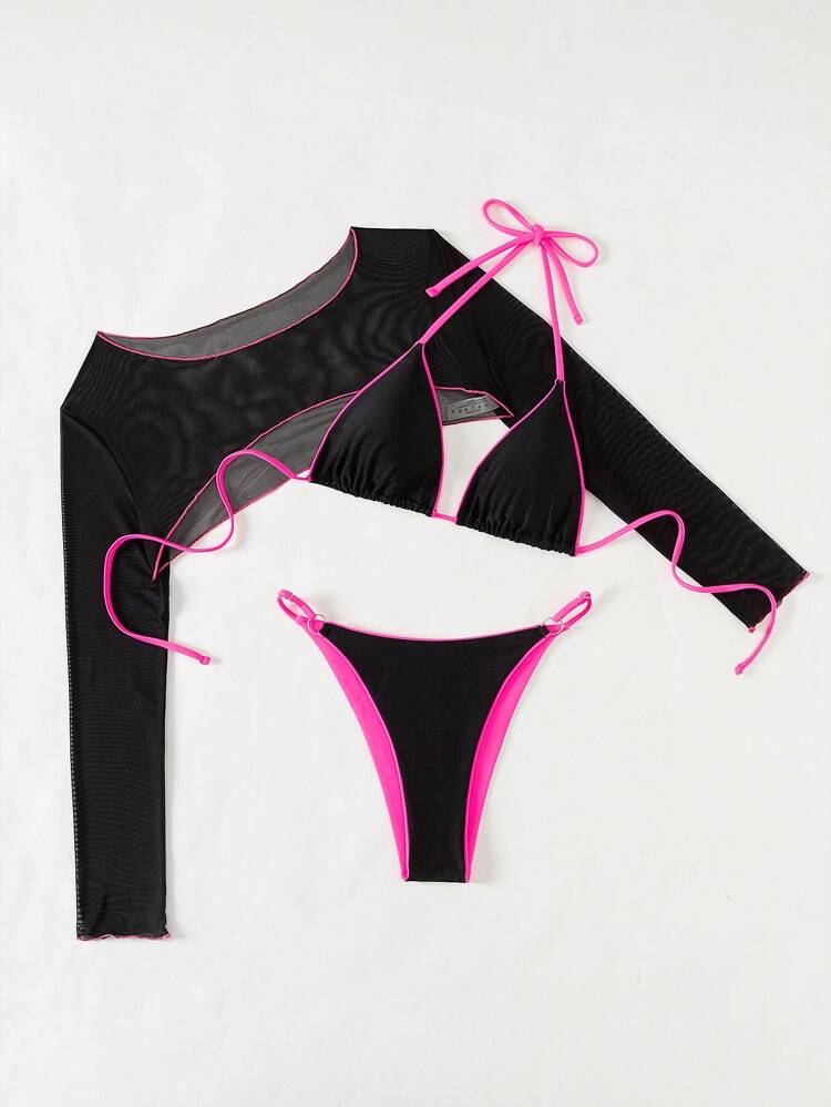 Women's Halter Neck Bikini Set With Wrap Edge Design, Including Top, Bottom, And A Necklace Summer