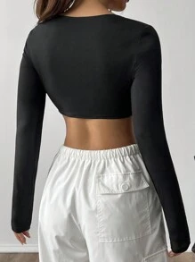 SHEIN EZwear Của phụ nữ Sọc Tay áo dài Top Cây trồng - màu đen - Xem 2