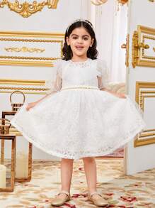 SHEIN Young Girls' Gorgeous Mesh Round Neck Sheer Ruffle Hem Puff Sleeve Dress - White - View 4