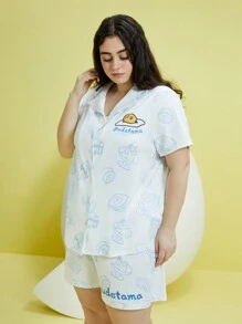 Gudetama X SHEIN Plus Cartoon And Letter Graphic PJ Set - Baby Blue - View 4