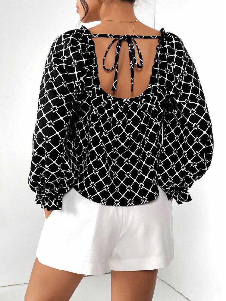 Women's Diamond Grid Star Printed Square Collar Puff Sleeve Shirt And High Waist Wide Leg Shorts Two Pieces Set #Easter