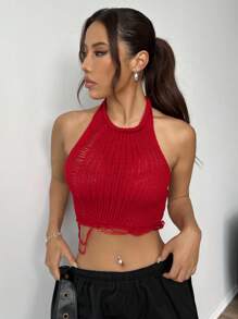 SHEIN EZwear Top De Punto Sin Mangas Para Mujer Con Cuello Halter - Rojo - Ver 6