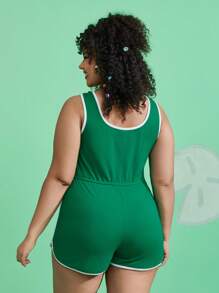 HELLO KITTY AND FRIENDS | SHEIN Plus Cartoon & Letter Print Contrast Binding Knot Waist Sleepwear Romper - Green - View 2