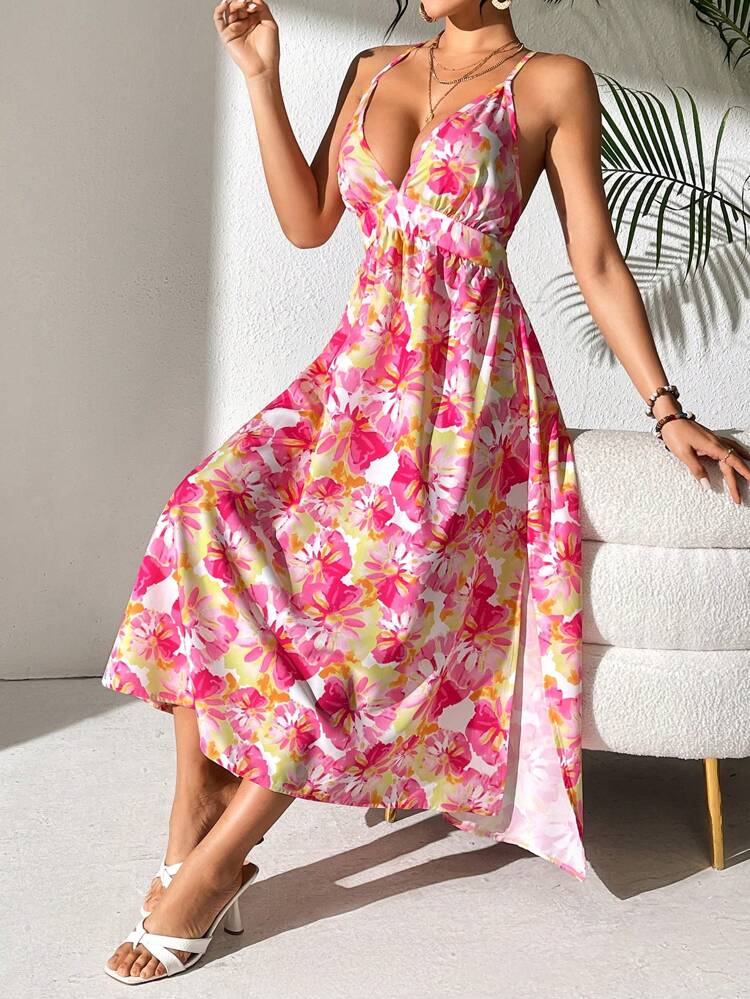 Women's Floral Printed Slit Hem Spaghetti Strap Dress