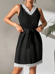 SHEIN LUNE Patchwork Lace Up Bandage Backless Dress - Black - View 3