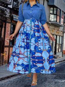 SHEIN Unity Hơn In Dây chuyền Tay áo cuộn Chi tiết về Flap Váy sơ mi - Màu xanh lam - Xem 3