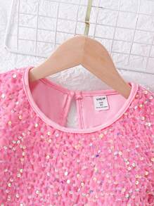 SHEIN Tween Girl Feather Fuzzy Sleeve Sequin Dress For Party,Holiday,Summer,Travel - Pink - View 4