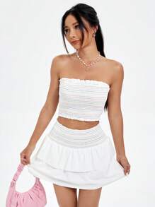 SHEIN Qutie Women's Frill Trim Strapless Top With Contrast Thread & Waistband, And Tiered Skirt Set