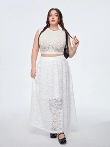 SHEIN Qutie Plus Size Women's Sleeveless Hollow Out Knitting Top - Apricot - View 2