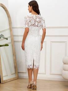 SHEIN Clasi Ladies' Solid Color Lace Two Pieces Set Bridal Shower Dress - White - View 2