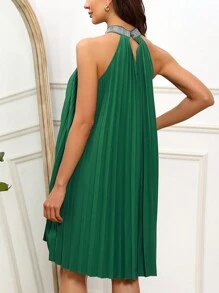 SHEIN Clasi Patchwork Rhinestone & Pleated Sleeveless Loose Dress - Green - View 2